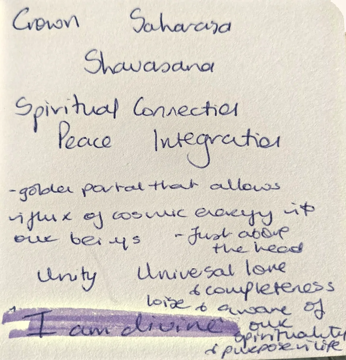 Jane’s handwritten Crown (Sahasrara) chakra journal page