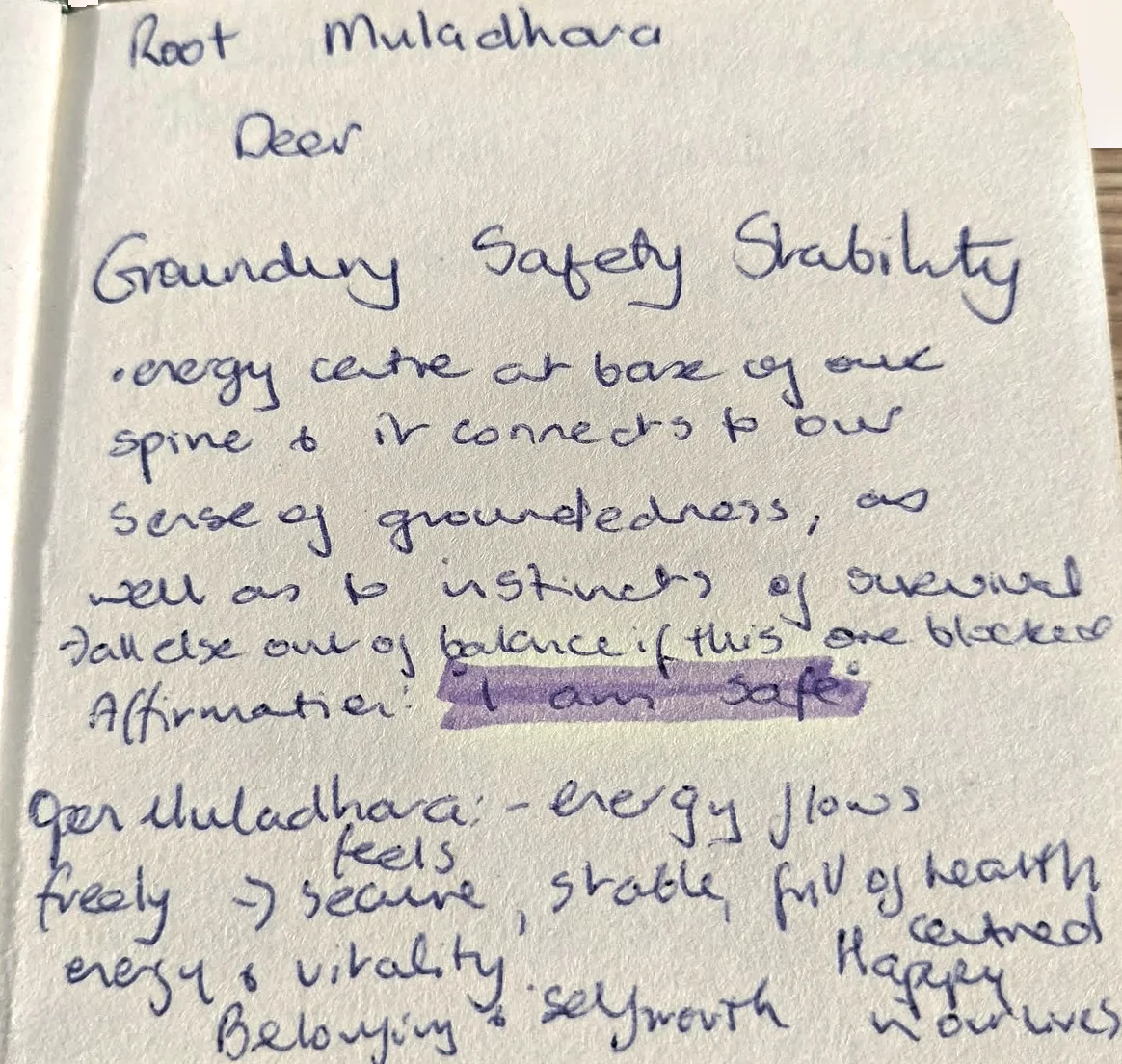 Jane’s handwritten Root (Muladhara) chakra journal page